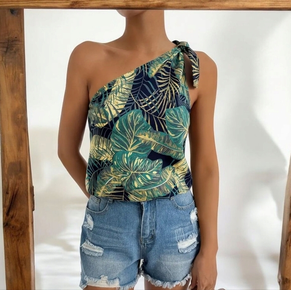 New! One-Shoulder Leaf Print Blouse – Sleeveless Vacation Top Sz Xlarge - Picture 6 of 7